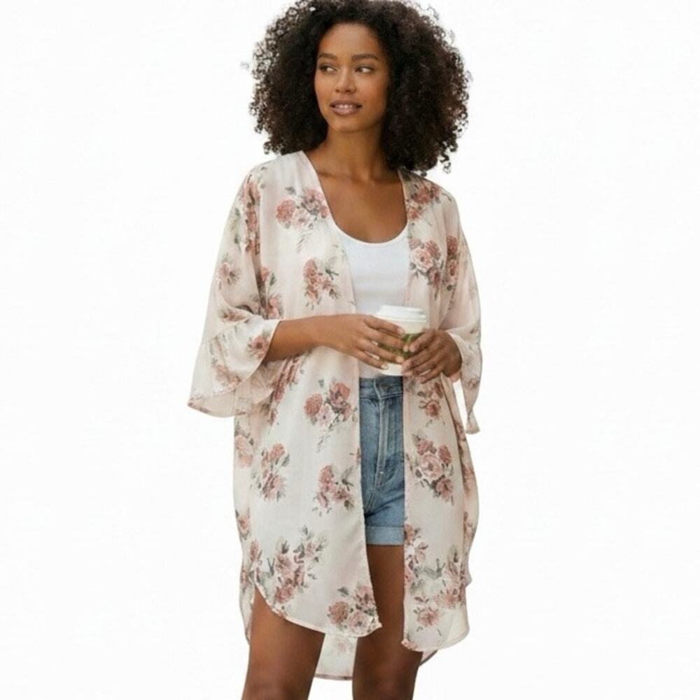 VTG Jody California Size M Soft Pink Floral Open Front Flowy Duster Cardigan